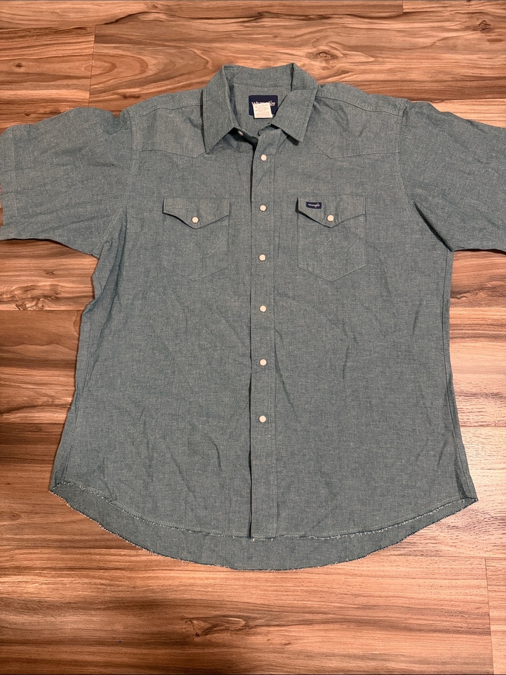 VTG WRANGLER Men's Pearl Snap Western Chambray Short Sleeve Shirt Green XL